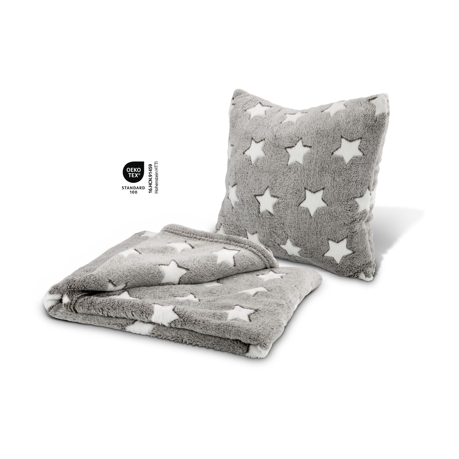 Sternendecke (150 x 200 cm) mit Kissen (45 x 45 cm, mit Reißverschluss), 250 g/m², grau mit weißen Sternen, 100% Polyester, OEKO-TEX®