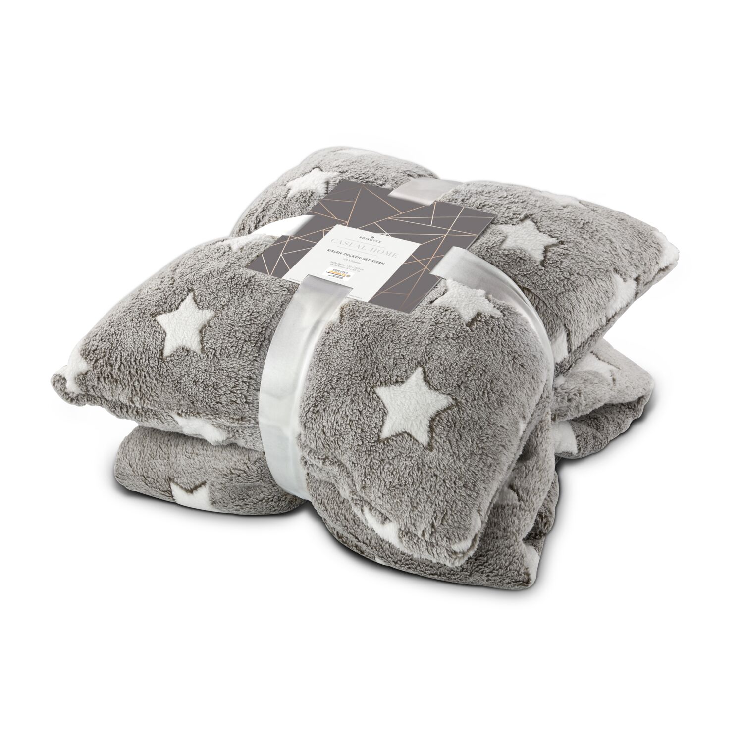 Sternendecke (150 x 200 cm) mit Kissen (45 x 45 cm, mit Reißverschluss), 250 g/m², grau mit weißen Sternen, 100% Polyester, OEKO-TEX®