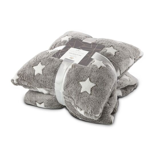 Sternendecke (150 x 200 cm) mit Kissen (45 x 45 cm, mit Reißverschluss), 250 g/m², grau mit weißen Sternen, 100% Polyester, OEKO-TEX®