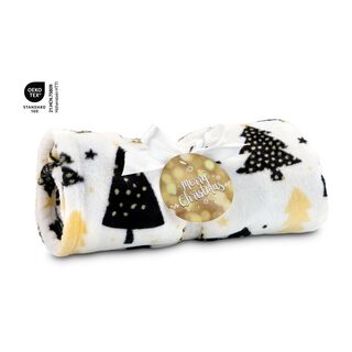 Kuscheldecke Merry Christmas mit Geschenkanhänger & Weihnachtsmotiv, 100% Polyester- Flanell, 120 x 150 cm, Qualität: 190 g/m² , OEKO-TEX®