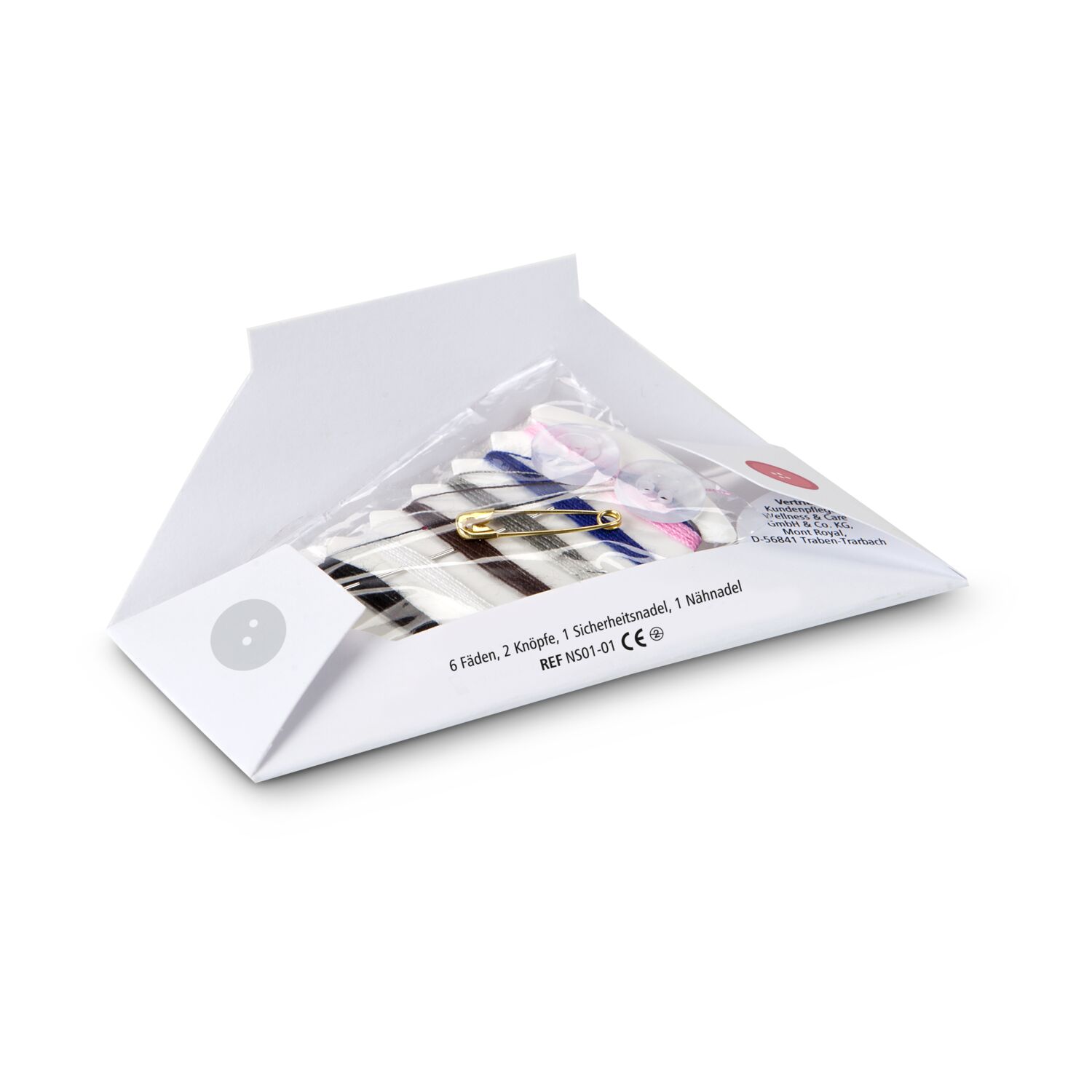 Das handliche Nähset im Kartonmäppchen enthält 6 Fäden, 2 Knöpfe, 1 Sicherheitsnadel und 1 Nähnadel