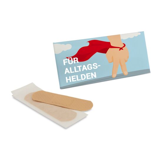 Individuelles Pflastermäppchen (ca. 40 x 95 mm) inkl. 4c Druck, idealer Mailing & Give-Away Artikel. 4 Pflaster hergestellt in Europa.