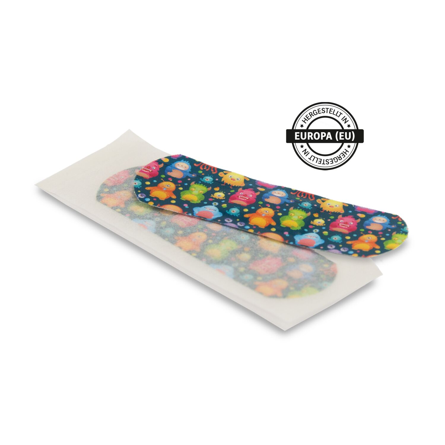 Kartonbriefchen inkl. 4c Druck (94 x 94 mm) + 10 Pflaster à 20 x 60 mm mit Monstermotiv, hergestellt in Europa