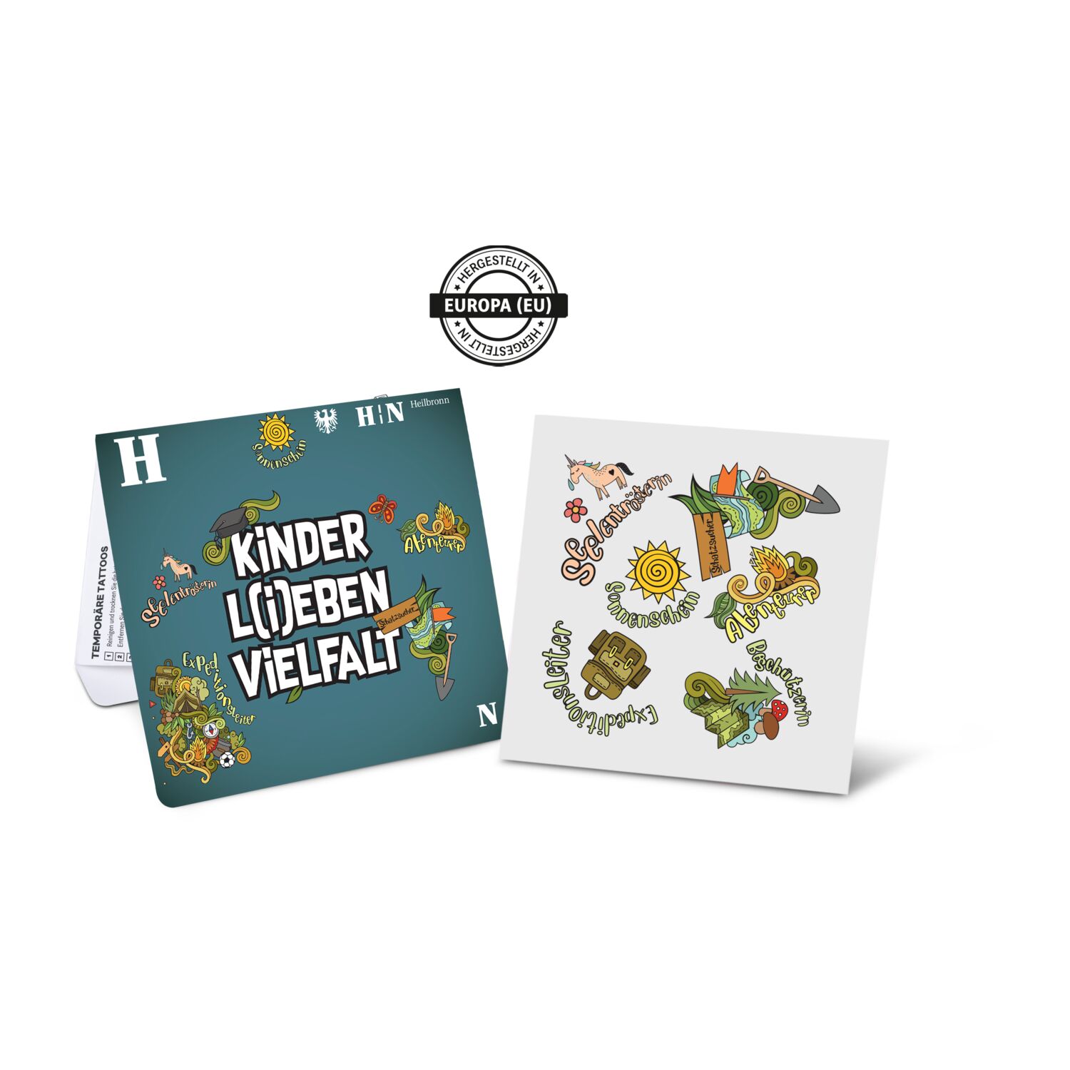 Ein Bogen individuell gestaltbarer Haut-Tattoos in einem frei gestaltbaren Kartonmäppchen.