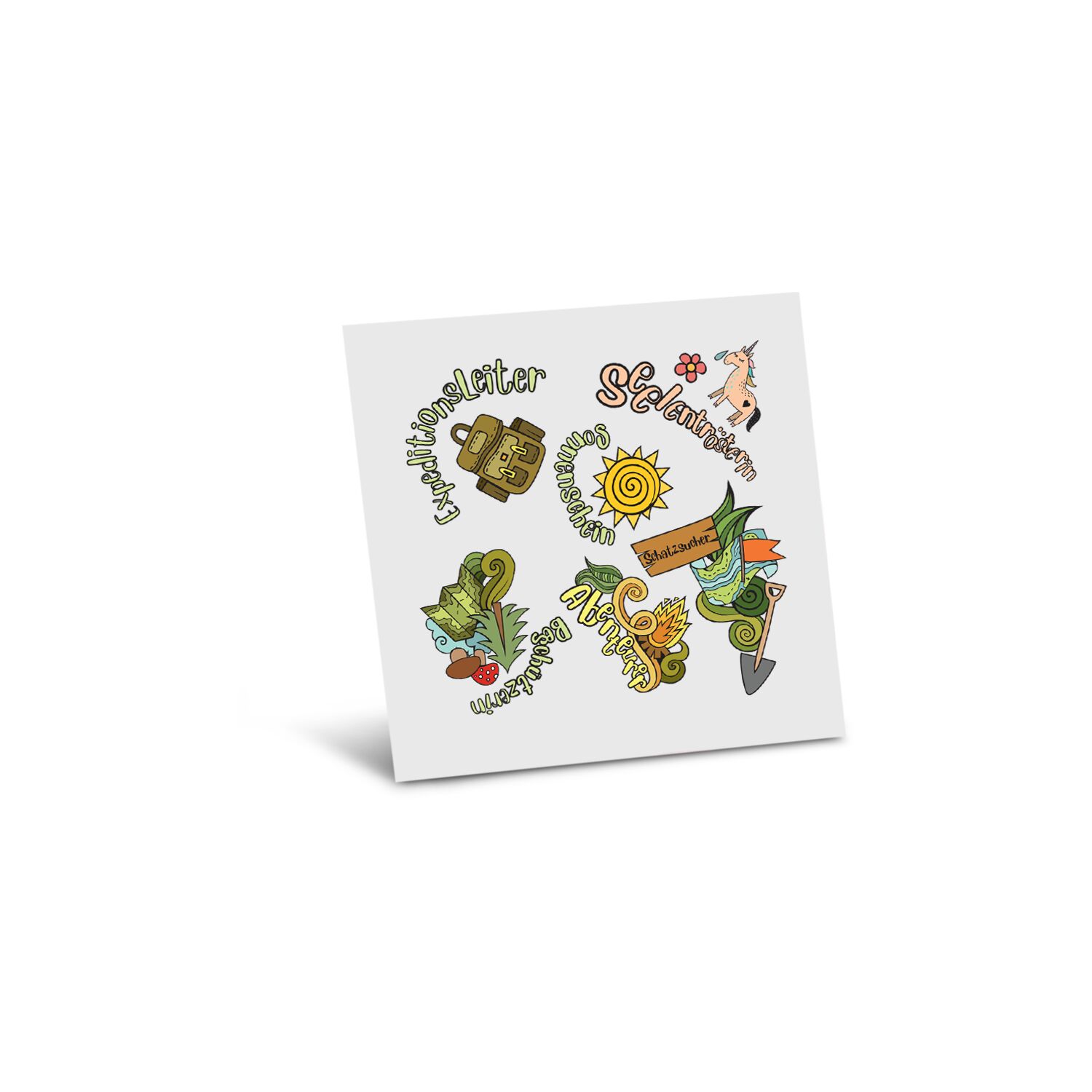 Ein Bogen individuell gestaltbarer Haut-Tattoos in einem frei gestaltbaren Kartonmäppchen.