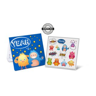 Ein Bogen mit 13 Kinder-Tattoos mit Monsterdesign in einem Kartonmäppchen.