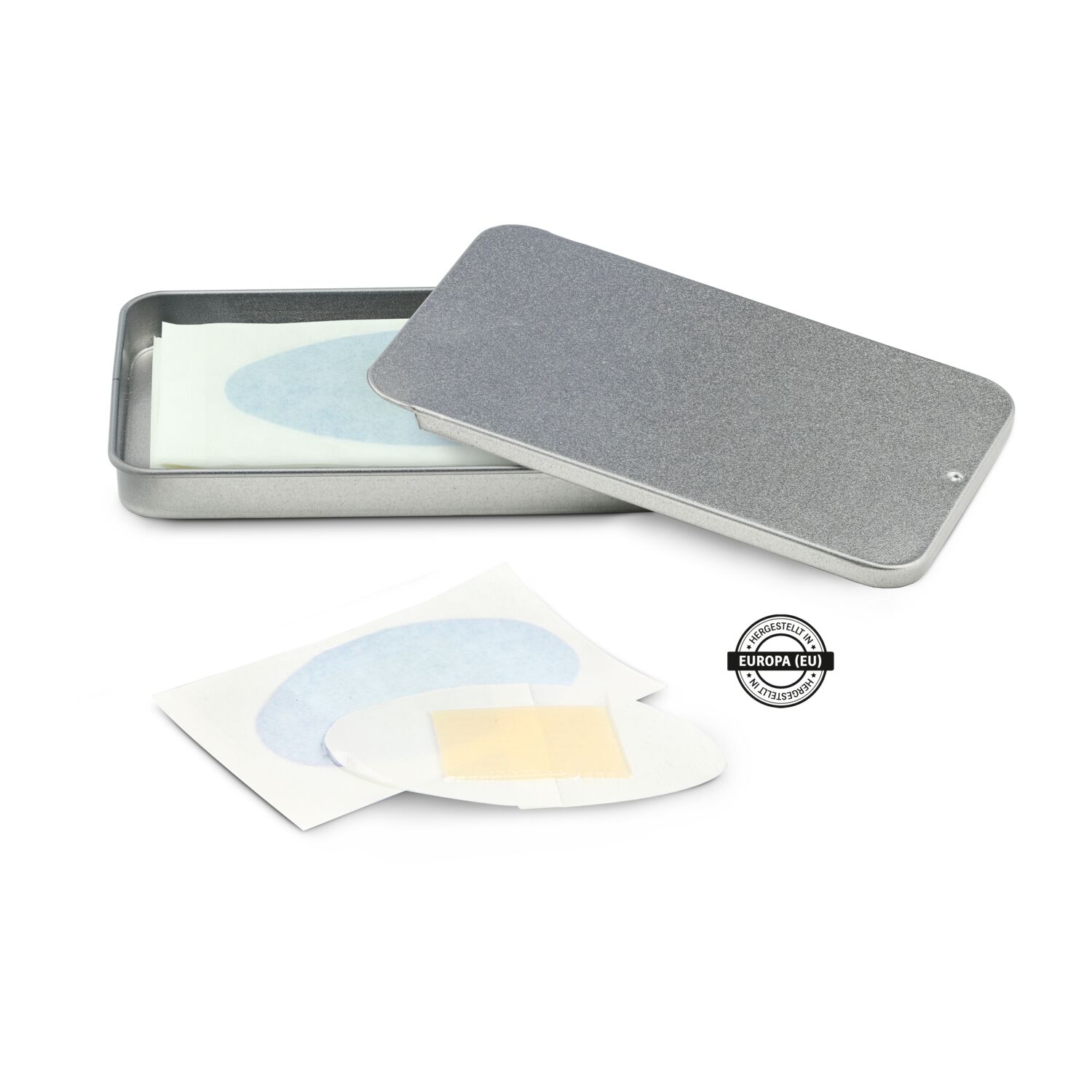 Individualisierbare Schiebebox aus Metall mit 4 Blasen-Pflastern, hergestellt in Europa