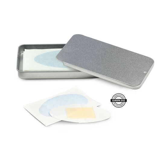 Individualisierbare Schiebebox aus Metall mit 4 Blasen-Pflastern, hergestellt in Europa