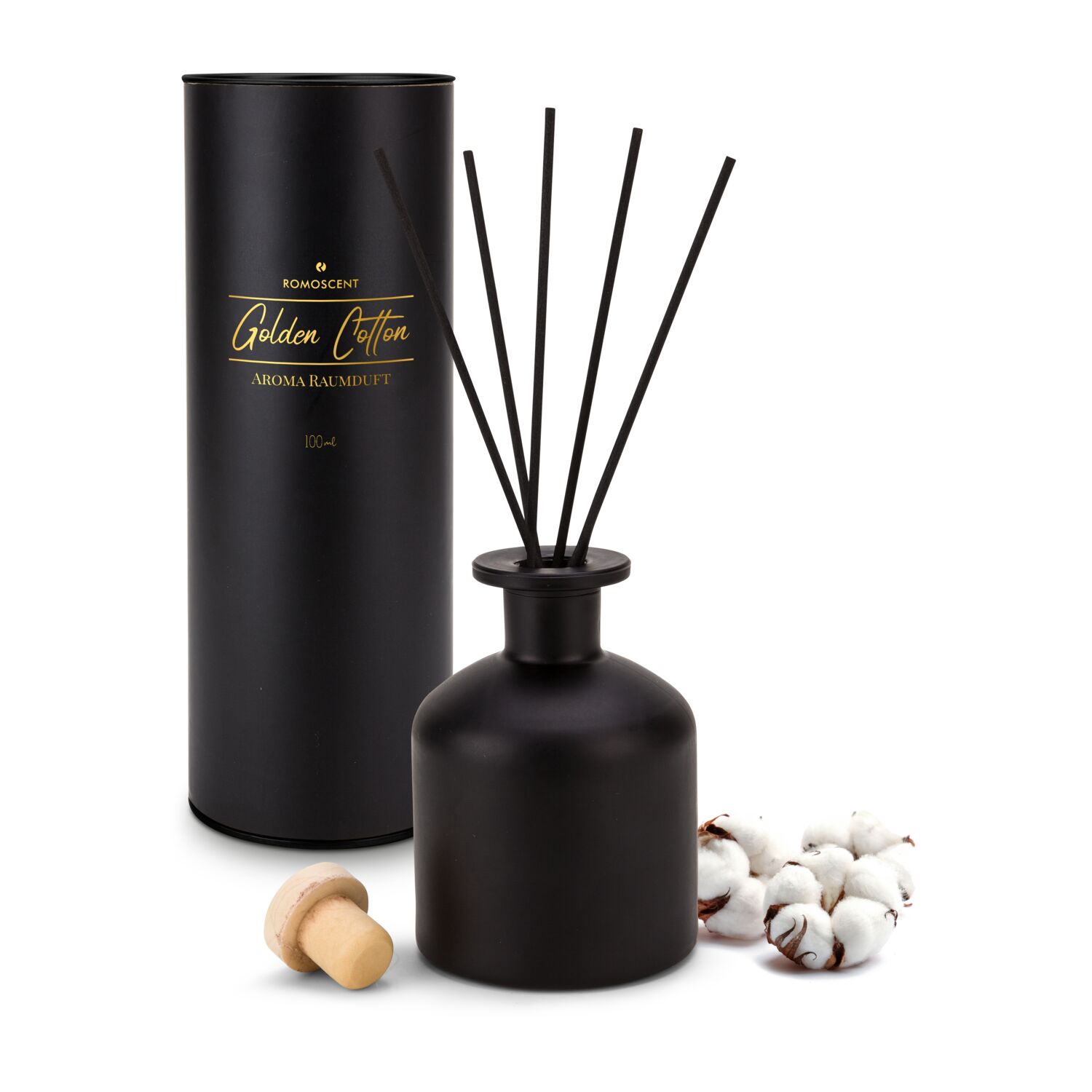 Raumduft 100 ml Diffusor mit 5 Rattanstäbchen in edlem, schwarzen Glas. Duftrichtung: Golden Cotton