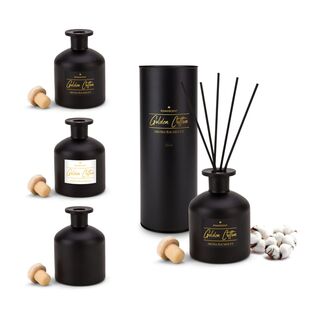 Raumduft 100 ml Diffusor mit 5 Rattanstäbchen in edlem, schwarzen Glas. Duftrichtung: Golden Cotton