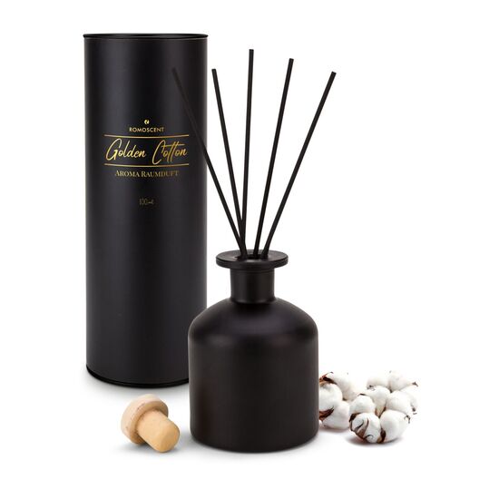 Raumduft 100 ml Diffusor mit 5 Rattanstäbchen in edlem, schwarzen Glas. Duftrichtung: Golden Cotton