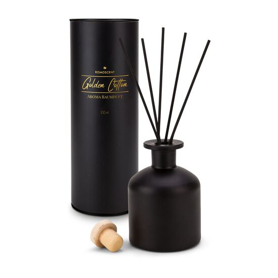 Raumduft 100 ml Diffusor mit 5 Rattanstäbchen in edlem, schwarzen Glas. Duftrichtung: Golden Cotton
