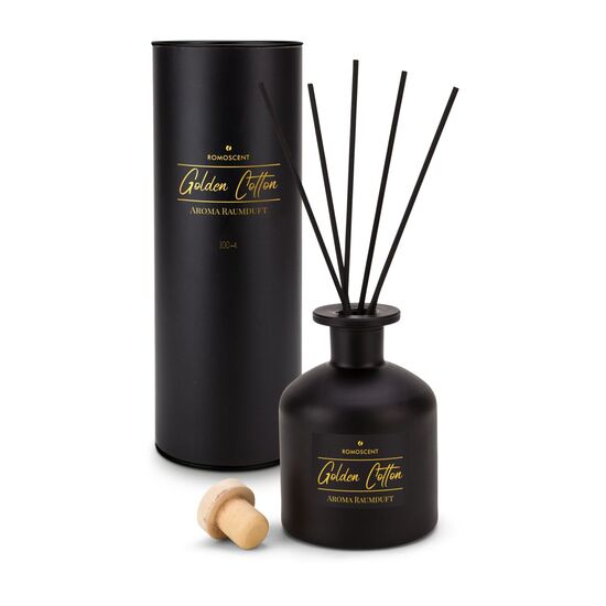 Raumduft 100 ml Diffusor mit 5 Rattanstäbchen in edlem, schwarzen Glas. Duftrichtung: Golden Cotton