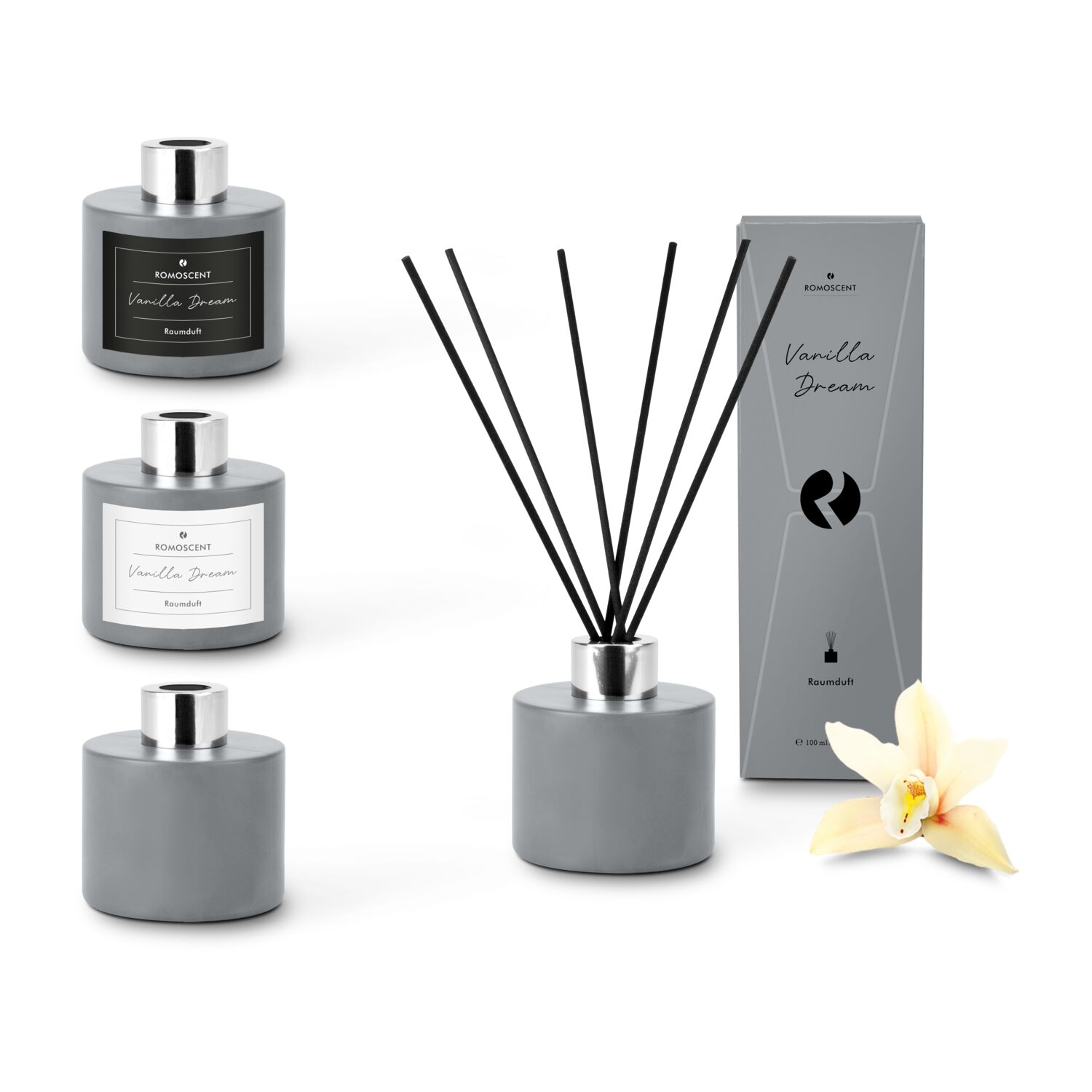 Moderner Raumduft (100 ml) in Betonoptik-Glas mit traumhaftem Vanilleduft und zwei Etiketten für ein helles oder dunkles Design