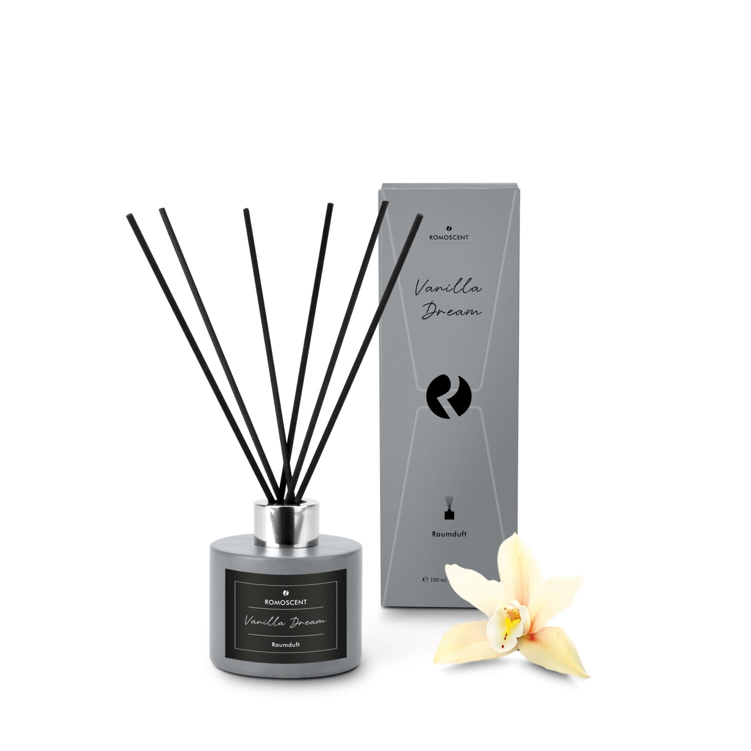 Moderner Raumduft (100 ml) in Betonoptik-Glas mit traumhaftem Vanilleduft und zwei Etiketten für ein helles oder dunkles Design