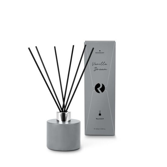 Moderner Raumduft (100 ml) in Betonoptik-Glas mit traumhaftem Vanilleduft und zwei Etiketten für ein helles oder dunkles Design