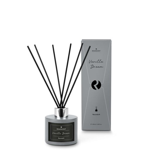 Moderner Raumduft (100 ml) in Betonoptik-Glas mit traumhaftem Vanilleduft und zwei Etiketten für ein helles oder dunkles Design