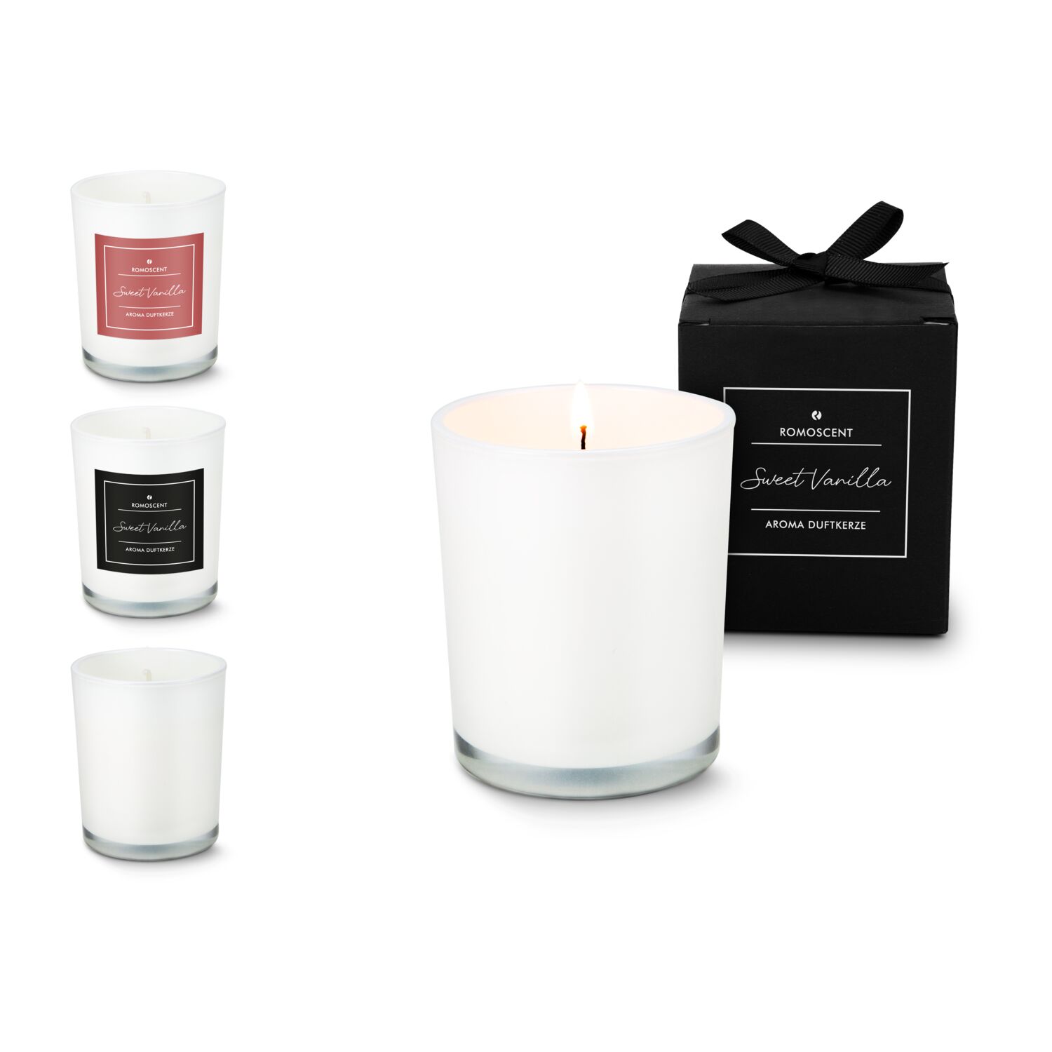 Puristische Aromakerze (160 g) in weißem Glas mit warmem Vanilleduft - verpackt im schwarzen Geschenkkarton mit schwarzer Schleife.