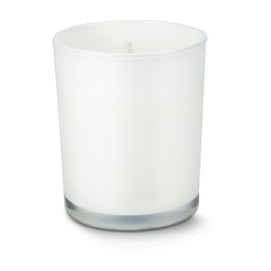 Puristische Aromakerze (160 g) in weißem Glas mit warmem Vanilleduft - verpackt im schwarzen Geschenkkarton mit schwarzer Schleife.