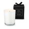 Puristische Aromakerze (160 g) in weißem Glas mit warmem Vanilleduft - verpackt im schwarzen Geschenkkarton mit schwarzer Schleife.