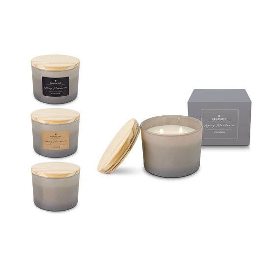 Moderne 2-Docht-Kerze (ca. 330 g) mit Betonoptik und passendem Holzdeckel, in Geschenkkarton. Exotisch, fruchtiger Duft.