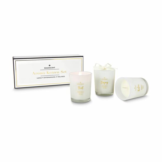 Edles Set mit 3 Kerzen in weißem Glas, mit jeweils einer Schleife in Geschenkkarton