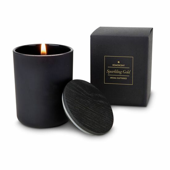 Elegante Kerze (110 g) in matt-schwarzem Glas, mit Deckel und Schleife in einem kleinen Geschenkkarton