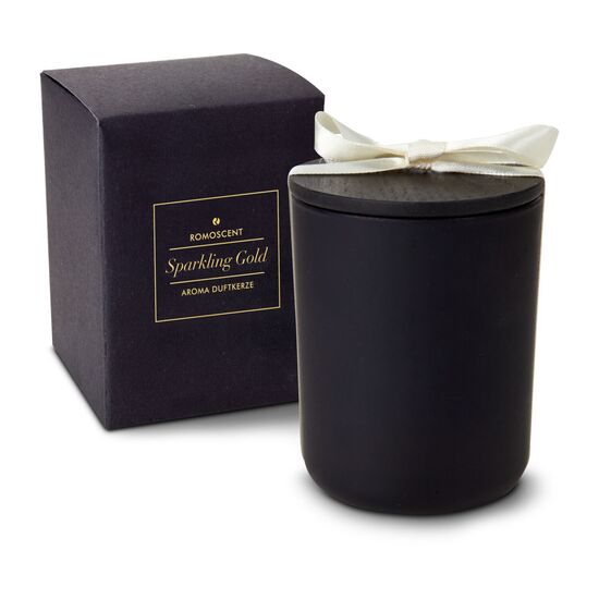 Elegante Kerze in matt-schwarzem Glas mit Goldaufdruck, mit Deckel und Schleife in einem kleinen Geschenkkarton