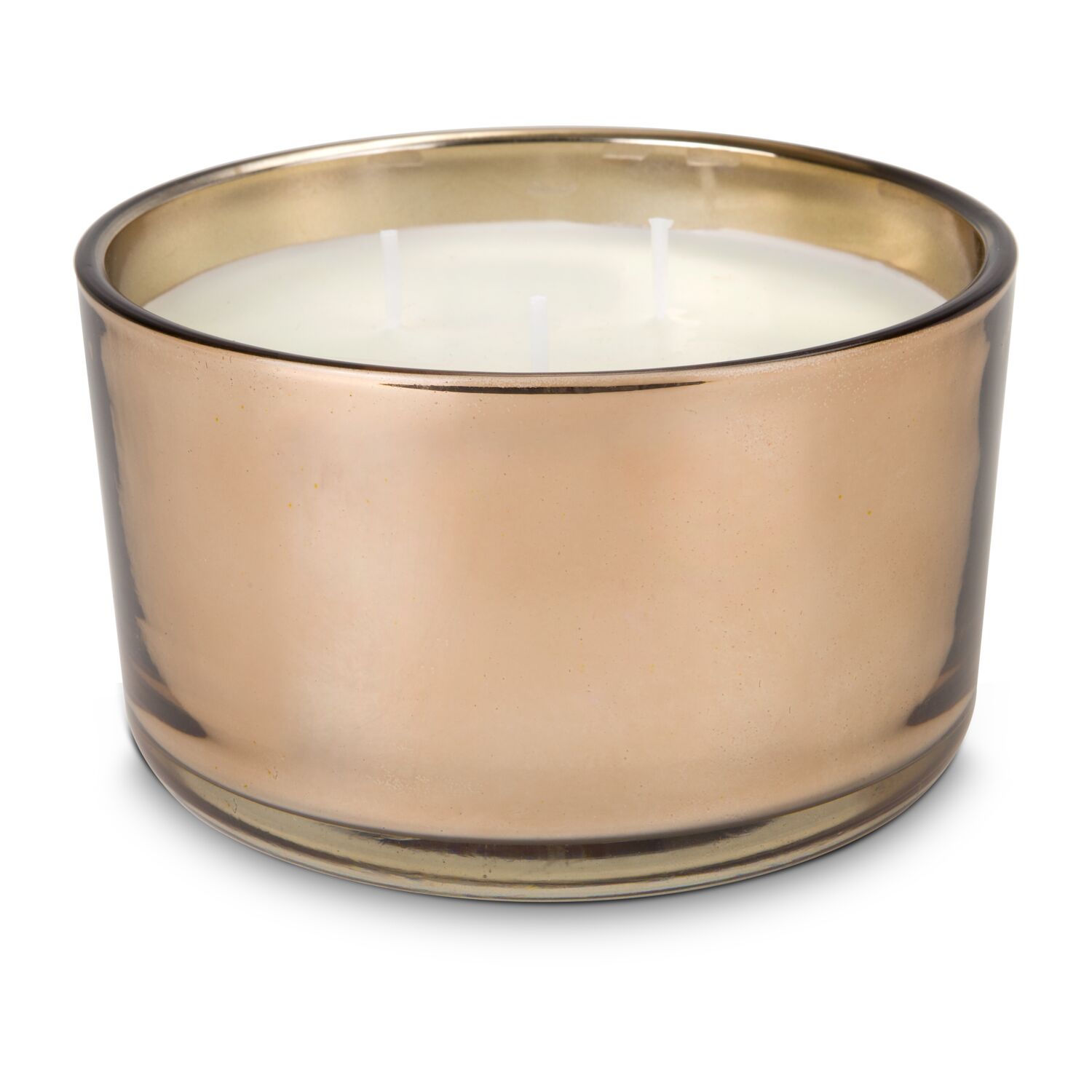 Luxuriöse 3-Dochtkerze in edlem kupferfarbenem Glas. Duftet nach exotischen Blumen. Brenndauer: ca. 30h