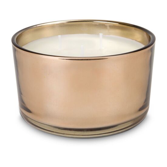 Luxuriöse 3-Dochtkerze in edlem kupferfarbenem Glas. Duftet nach exotischen Blumen. Brenndauer: ca. 30h