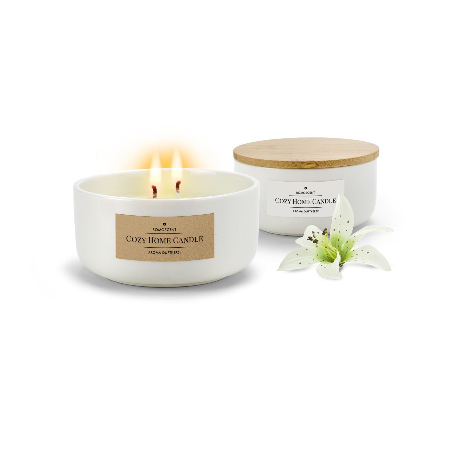 Elegante 2-Dochtkerze in weißer Keramikschale mit Holzdeckel. Warmer, blumiger Duft nach Lilien und Freesien. Brenndauer: ca. 15 h