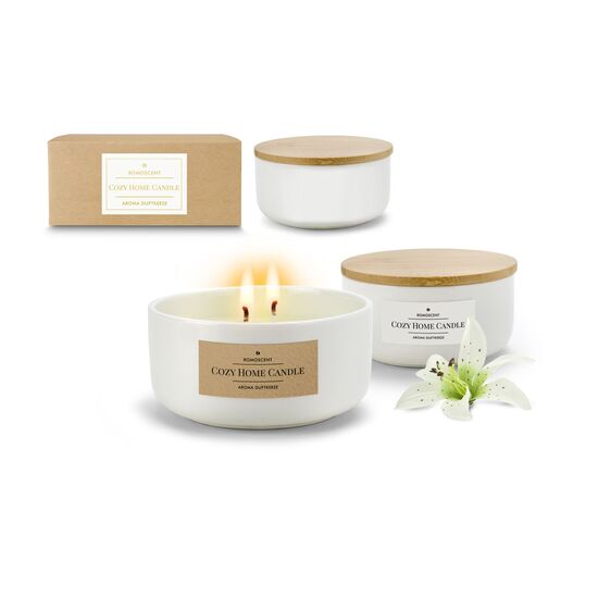 Elegante 2-Dochtkerze in weißer Keramikschale mit Holzdeckel. Warmer, blumiger Duft nach Lilien und Freesien. Brenndauer: ca. 15 h