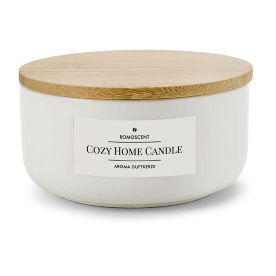 Elegante 2-Dochtkerze in weißer Keramikschale mit Holzdeckel. Warmer, blumiger Duft nach Lilien und Freesien. Brenndauer: ca. 15 h