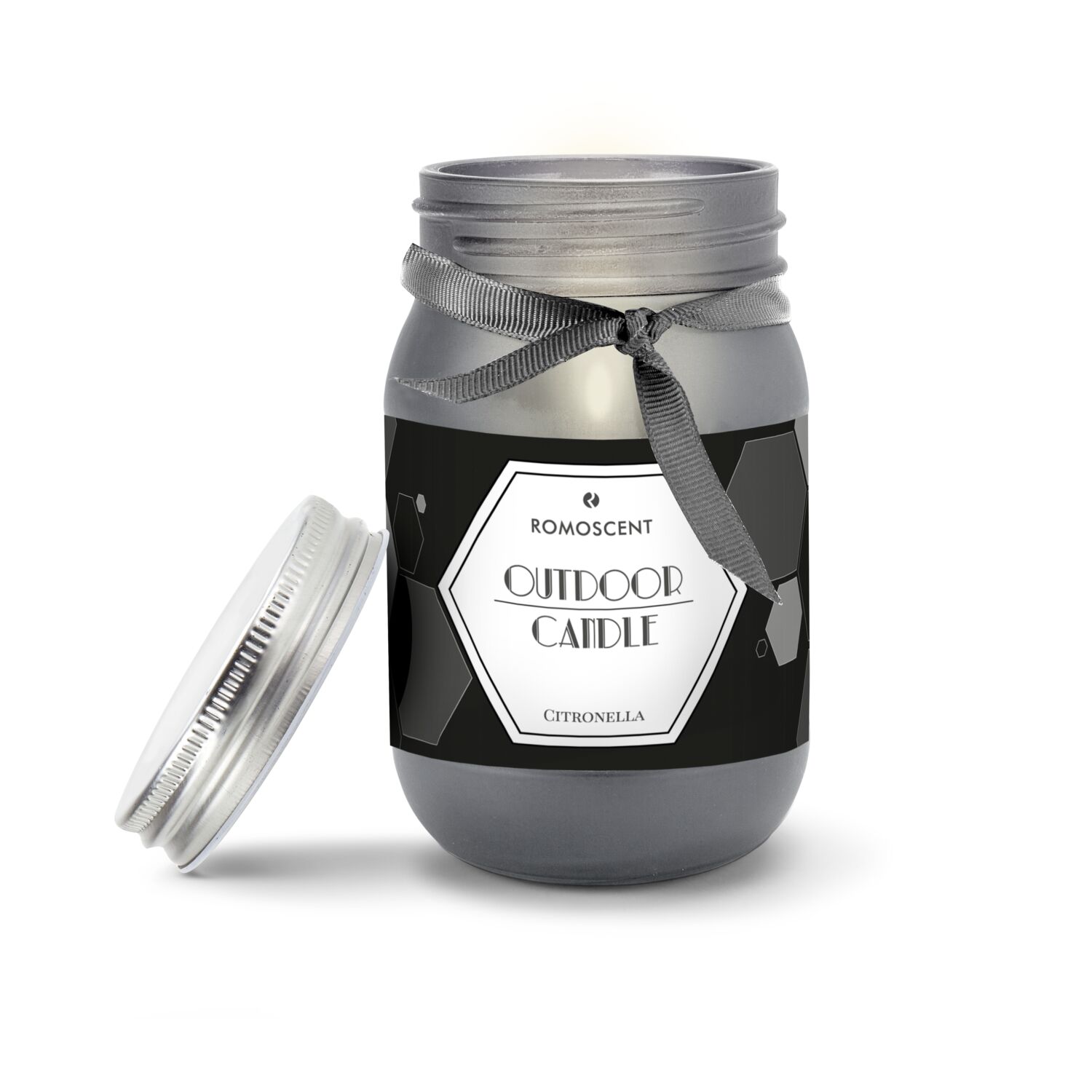 Moderne Outdoor-Kerze in grau mattem Glas. Spritziger Duft nach frischer Zitrone. Brenndauer: ca. 45 h