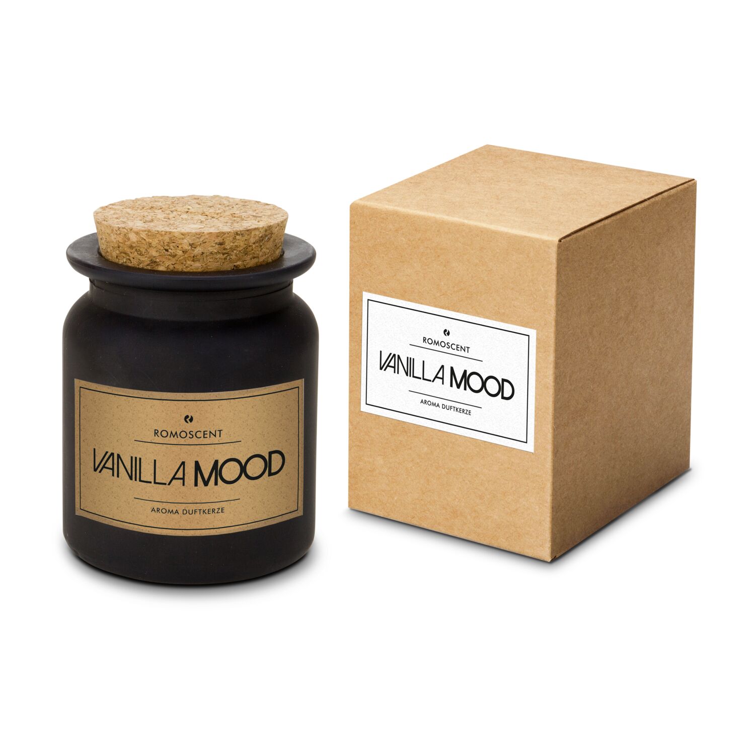 Exklusive Aromakerze mit Vanille-Duft, breiter Holzdocht, praktischer Deckel, elegantes schwarz-mattes Glas. Brenndauer: ca. 40 Stunden