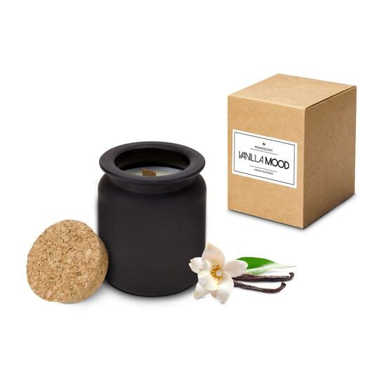 Exklusive Aromakerze mit Vanille-Duft, breiter Holzdocht, praktischer Deckel, elegantes schwarz-mattes Glas. Brenndauer: ca. 40 Stunden