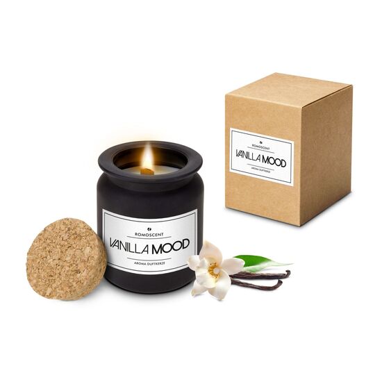Exklusive Aromakerze mit Vanille-Duft, breiter Holzdocht, praktischer Deckel, elegantes schwarz-mattes Glas. Brenndauer: ca. 40 Stunden