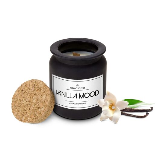 Exklusive Aromakerze mit Vanille-Duft, breiter Holzdocht, praktischer Deckel, elegantes schwarz-mattes Glas. Brenndauer: ca. 40 Stunden