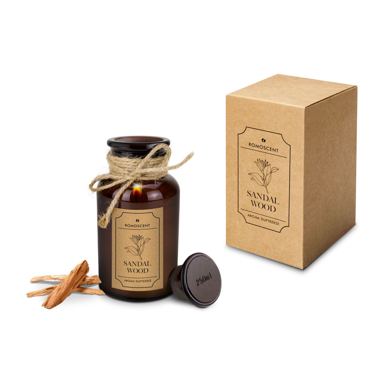 Originelle Apothekerflasche-Aromakerze mit Sandelholz-Duft, mit Glaskorken, Etikett und Jutedekoration. Brenndauer: ca. 40 Stunden