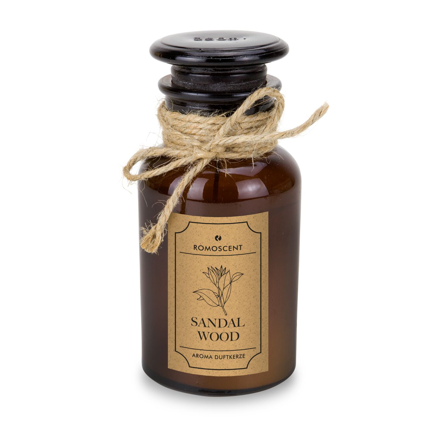 Originelle Apothekerflasche-Aromakerze mit Sandelholz-Duft, mit Glaskorken, Etikett und Jutedekoration. Brenndauer: ca. 40 Stunden
