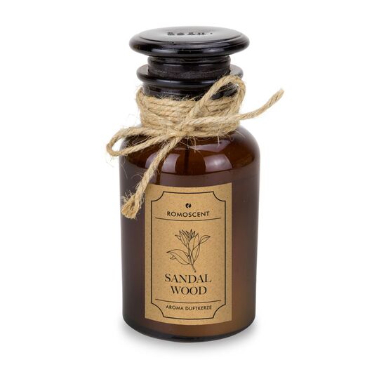 Originelle Apothekerflasche-Aromakerze mit Sandelholz-Duft, mit Glaskorken, Etikett und Jutedekoration. Brenndauer: ca. 40 Stunden