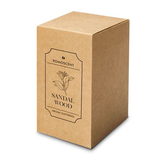 Originelle Apothekerflasche-Aromakerze mit Sandelholz-Duft, mit Glaskorken, Etikett und Jutedekoration. Brenndauer: ca. 40 Stunden