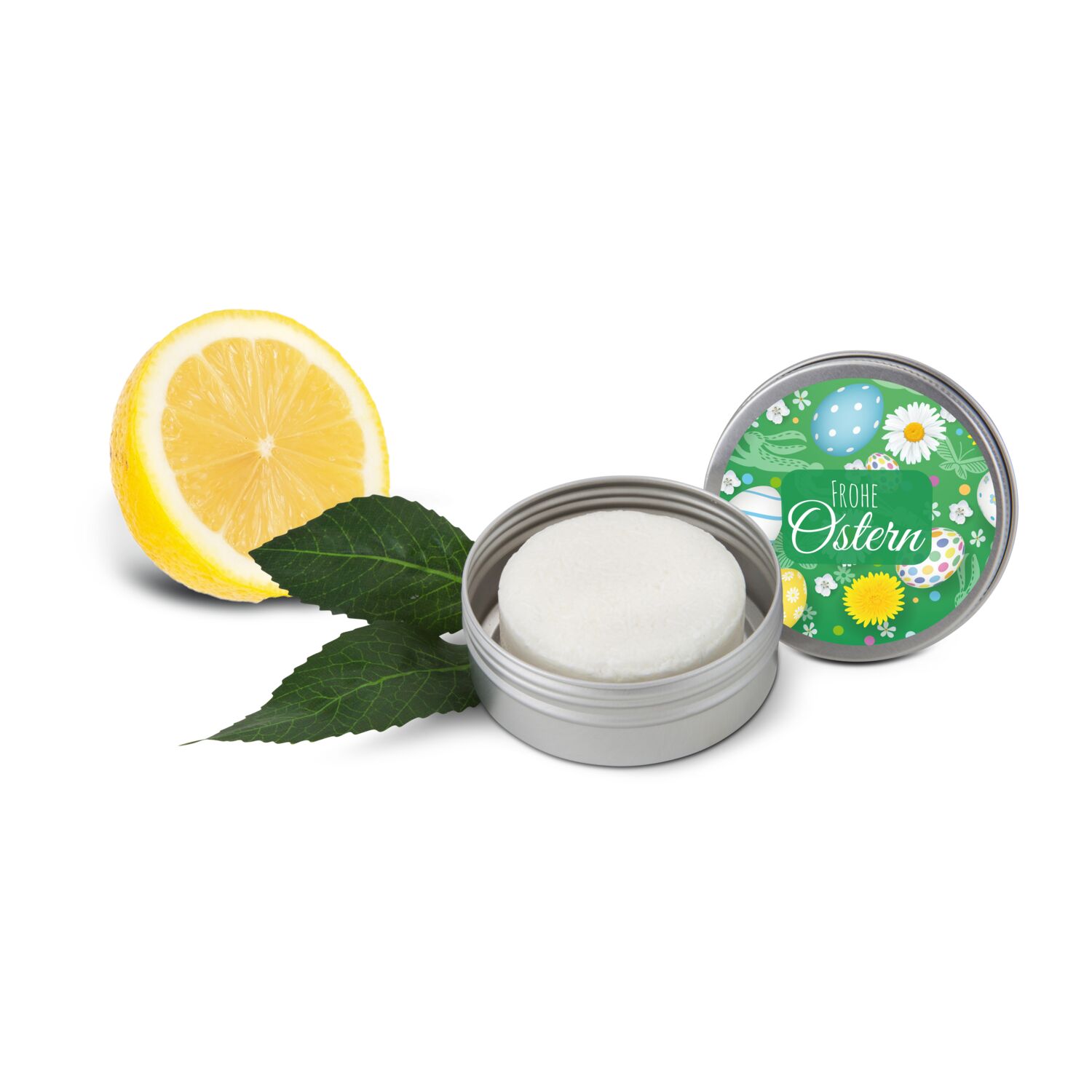 Festes Shampoo Zitrone-Minze (58 g) in Aluminiumdose mit Sheabutter und mit Standardaufkleber „Frohe Ostern“.