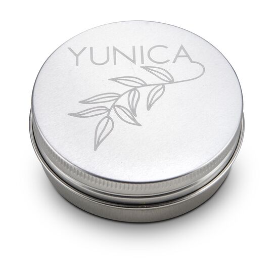 Festes Shampoo Zitrone-Minze (58 g) in Aluminiumdose mit Sheabutter und mit Standardaufkleber „Frohe Ostern“.