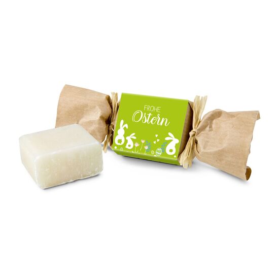 Kleine Oster-Seife in Bonbonform liebevoll verpackt in natürlichem Packpapier. Enthält ca. 30 g Seife mit Olivenduft