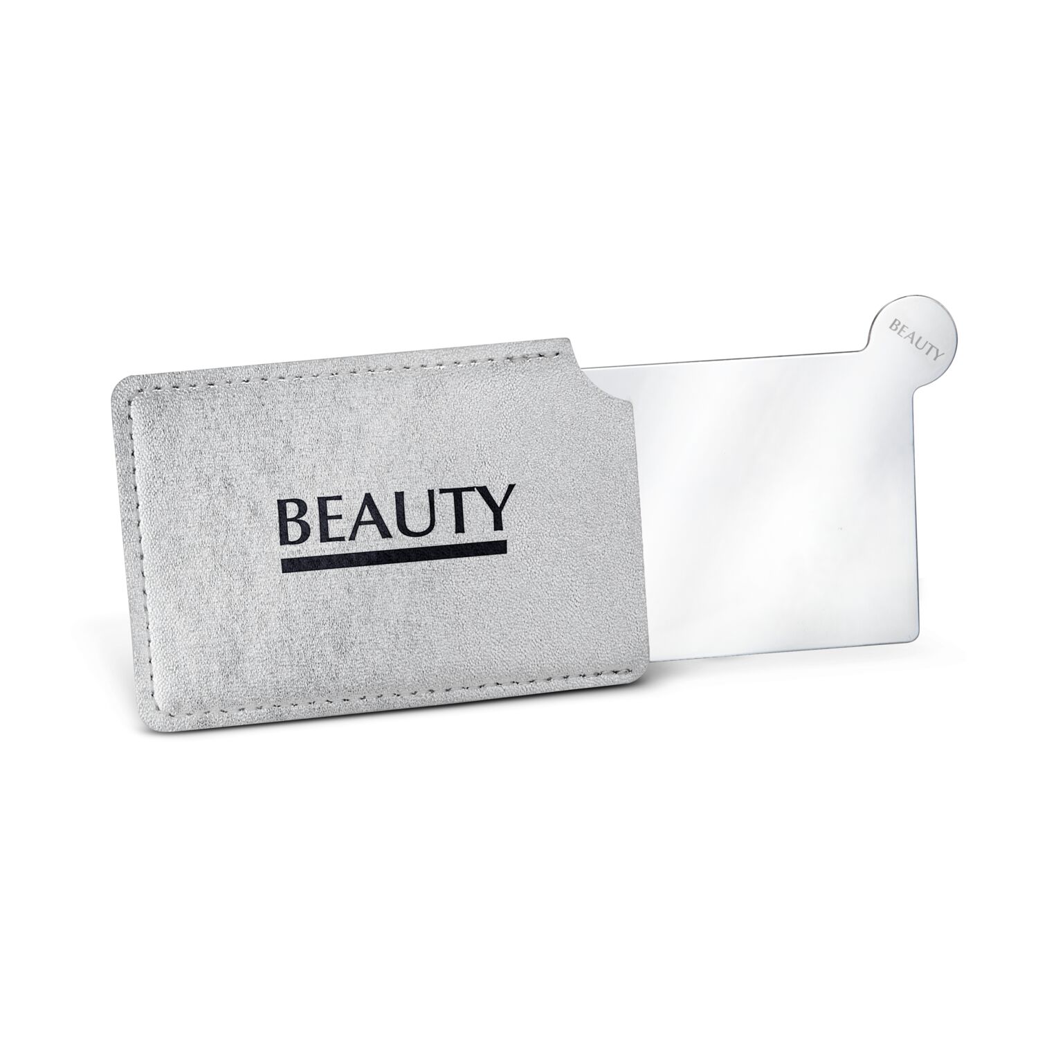 Praktischer Taschenspiegel aus unzerbrechlichem, edlem Edelstahl mit PU Hülle.