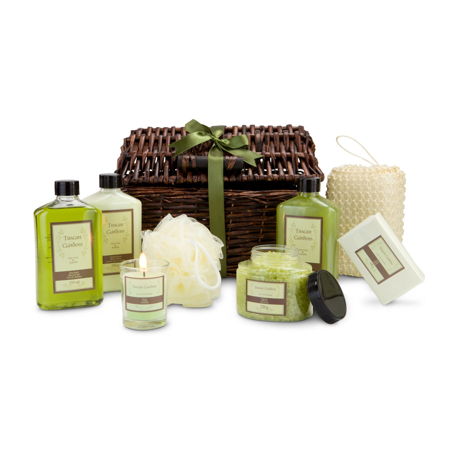 255 ml Duschgel, Bodylotion, Schaumbad, Kerze, 220 g Badesalz, 100 g Seife, Sisal- & Mesh-Schwamm, in Weidentruhe. Duft: Aloe Vera & Kamille