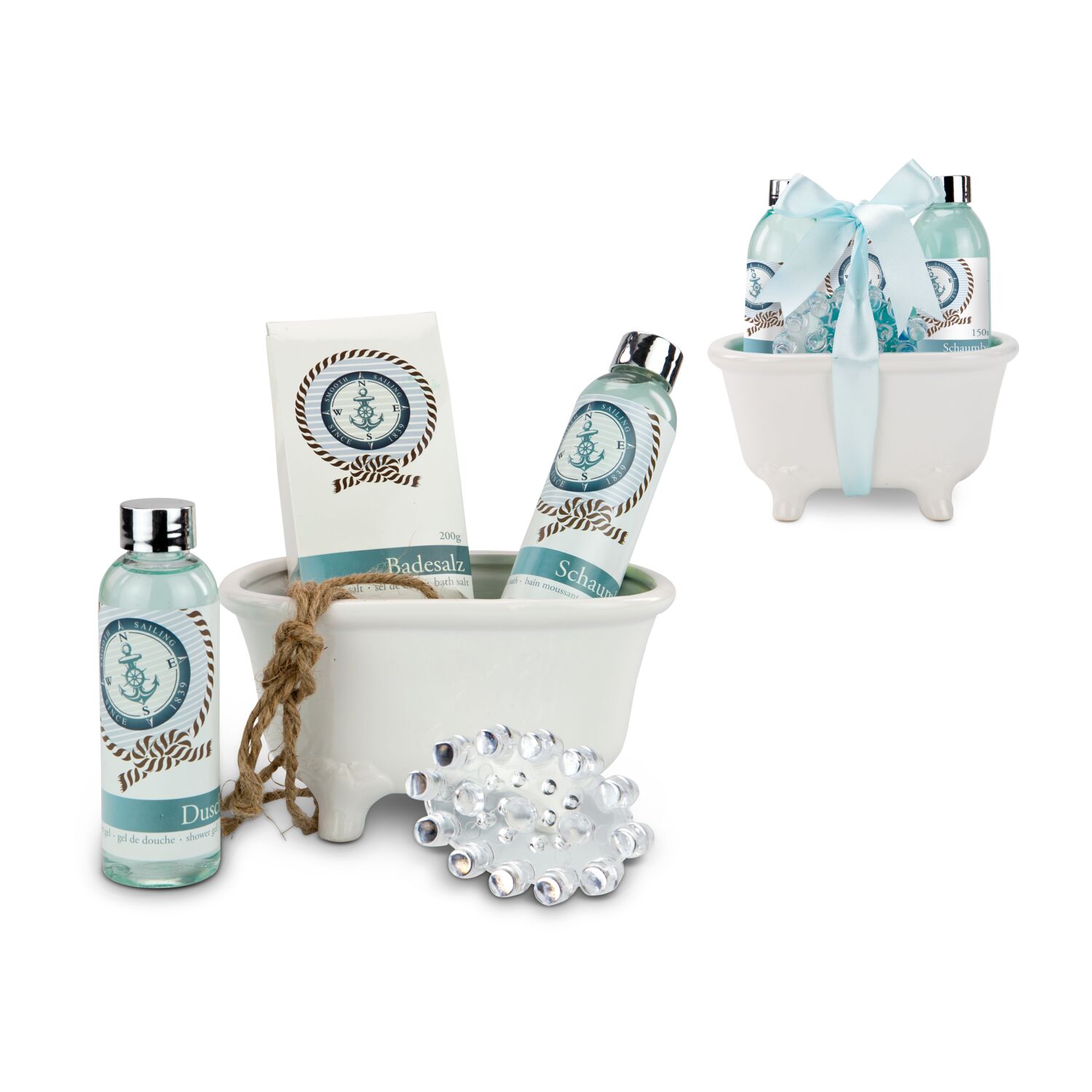 150 ml Duschgel, 150 ml Schaumbad, 200 g Badesalz, Massagebürste aus Kunststoff in Keramik-Badewanne, Duft: Ocean