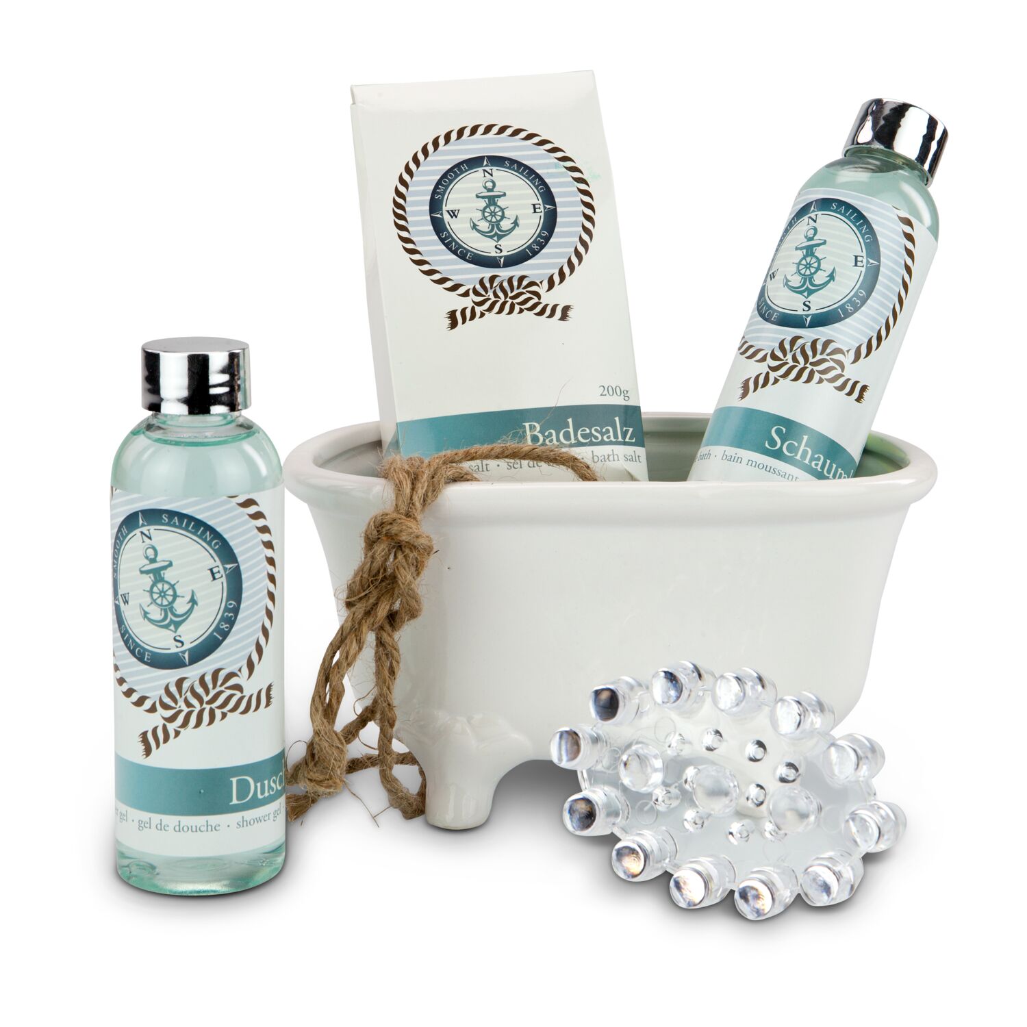 150 ml Duschgel, 150 ml Schaumbad, 200 g Badesalz, Massagebürste aus Kunststoff in Keramik-Badewanne, Duft: Ocean