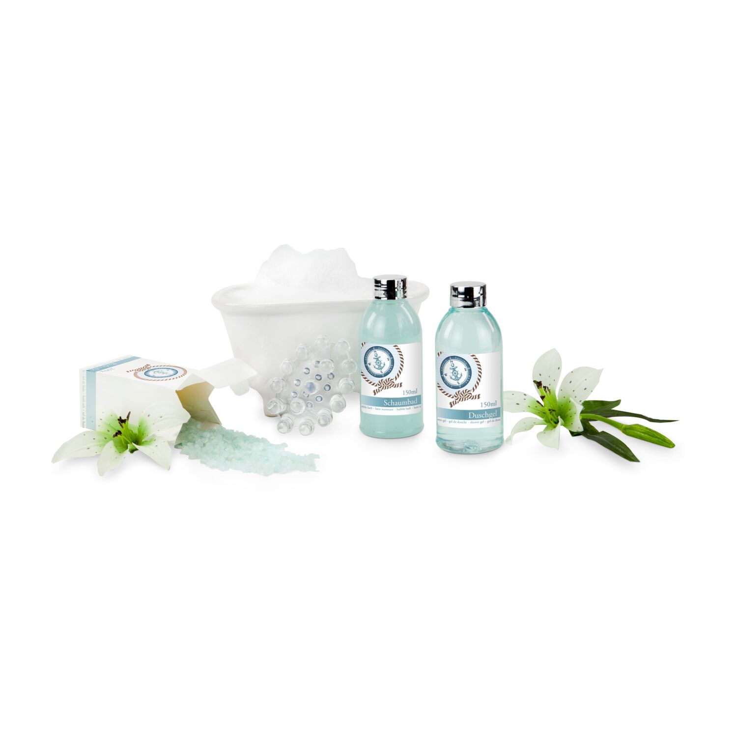 150 ml Duschgel, 150 ml Schaumbad, 200 g Badesalz, Massagebürste aus Kunststoff in Keramik-Badewanne, Duft: Ocean